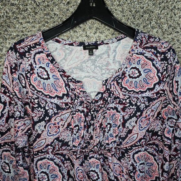 Talbots Top Womens Small Blue Paisley Print Pintuck 3/4 Sleeve Casual Ladies - Picture 4 of 7